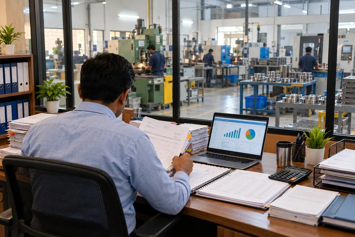 MSME delayed payments - small manufacturer reviewing unpaid invoices with a workshop visible behind glass - key points