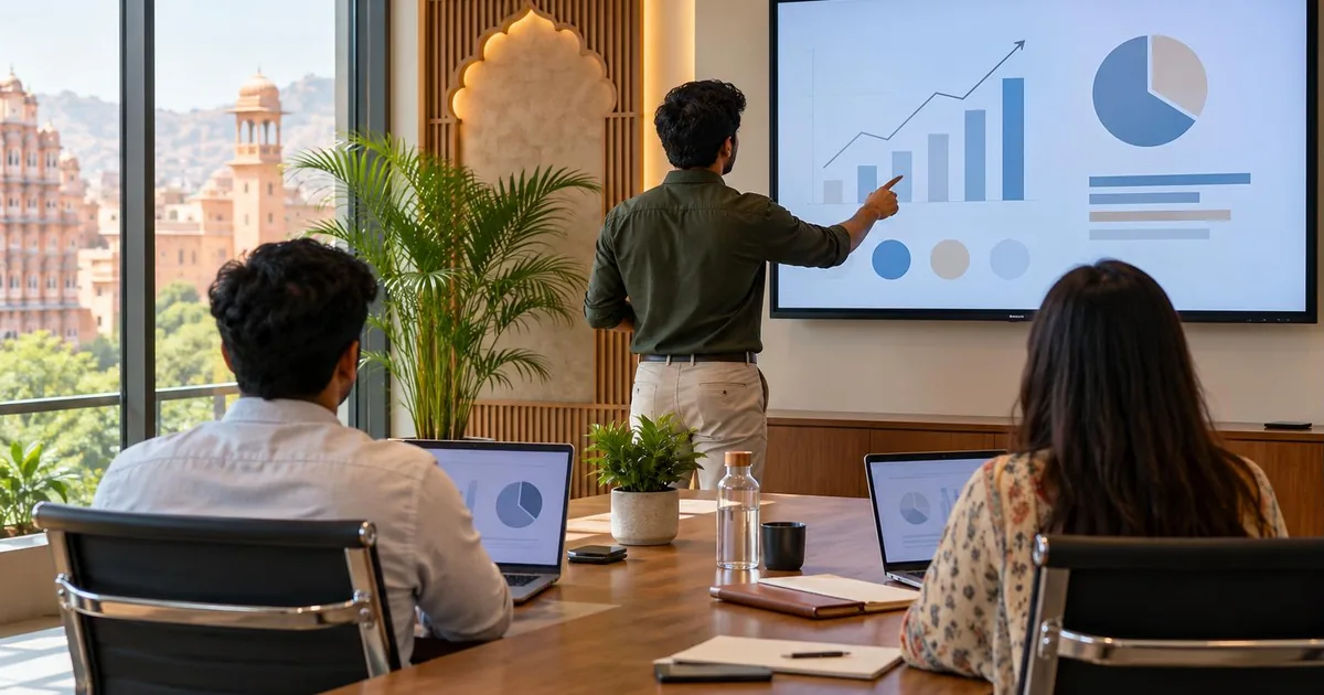 Startup business plan - founder presenting growth charts to listeners in a Jaipur co-working meeting room