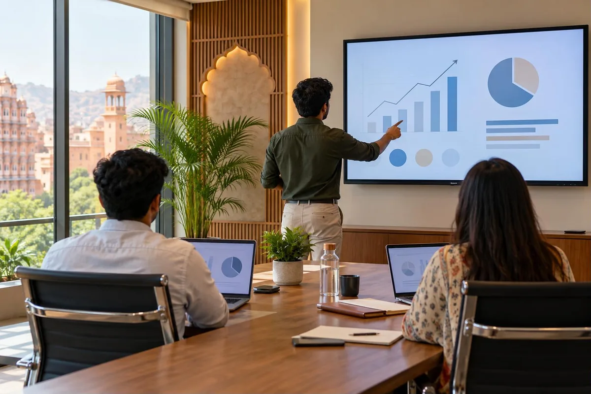Startup business plan - founder presenting growth charts to listeners in a Jaipur co-working meeting room - key points