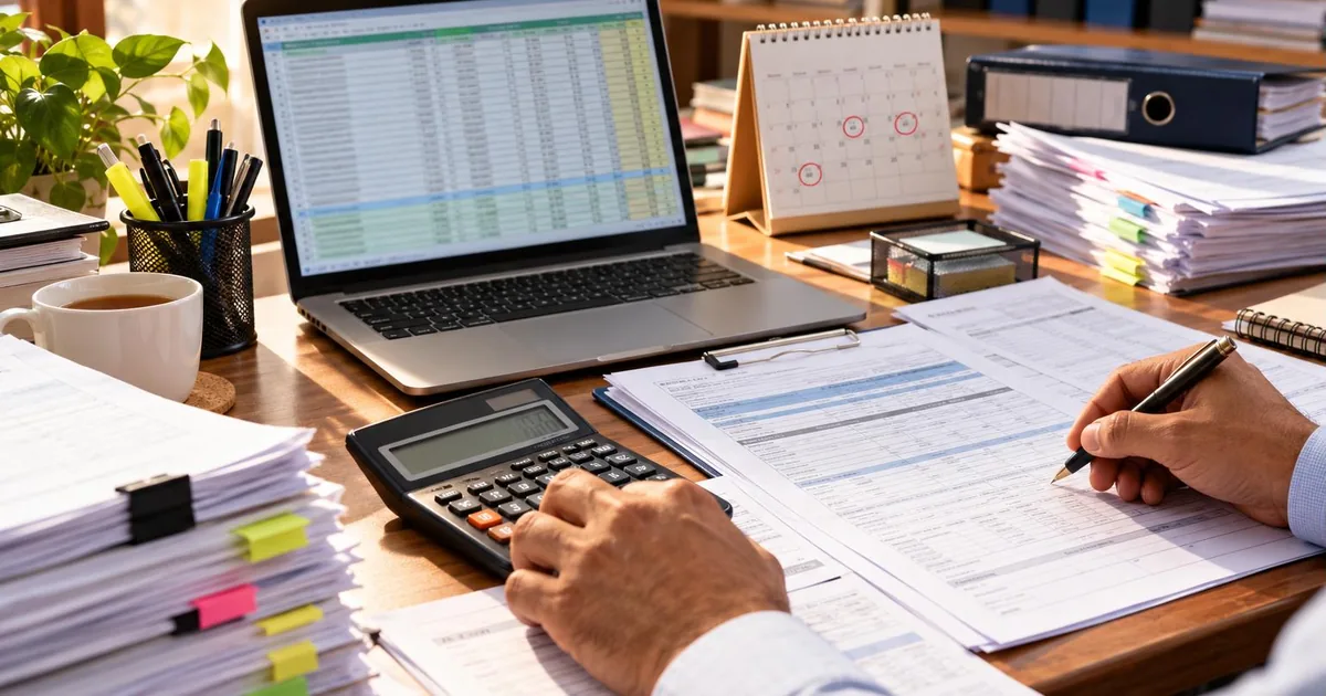 TDS compliance basics - accountant's desk with tax forms, calculator, laptop and a calendar with due dates circled