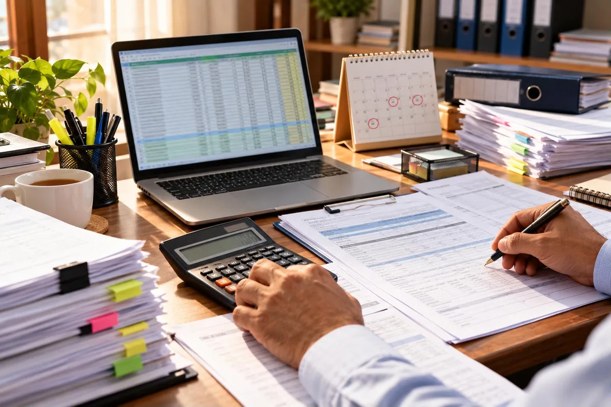TDS compliance basics - accountant's desk with tax forms, calculator, laptop and a calendar with due dates circled - key points